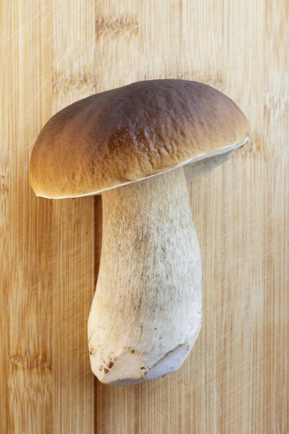 Penny bun mushroom also known as Porcino on cutting board made of bamboo wood, Boletus edulis - Foto, Imagen