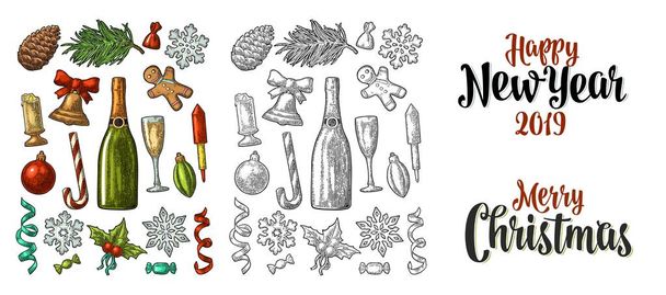 Buon Natale e felice anno nuovo calligrafia lettering. Set vettoriale incisione colore vintage isolato su bianco. Uomo pan di zenzero, caramelle, vischio, campana, giocattolo, serpentino, rucola, fiocco di neve, champagne
 - Vettoriali, immagini
