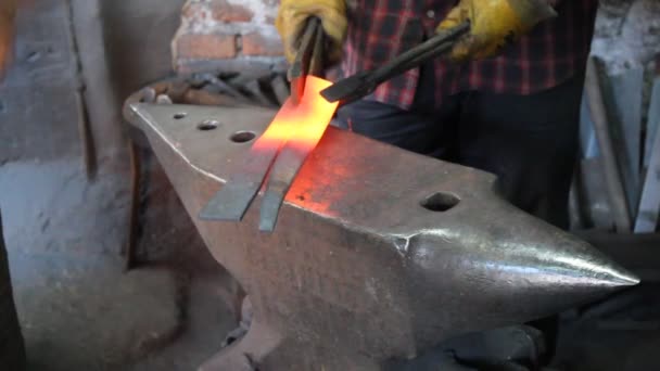 熱い鉄のアンビルに鍛造。手作りの鍛冶屋 - 映像、動画