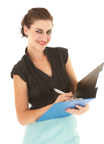 Businesswoman with a blue folder in hands - Foto, afbeelding