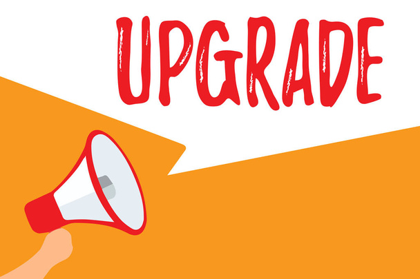 Text sign showing Upgrade. Conceptual photo Raise something to higher standard Improve make better enhance Megaphone loudspeaker speech bubbles important message speaking out loud. - Photo, Image