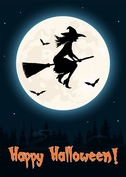 Hexe fliegt auf einem magischen Besen Halloween-Grußkarte Illustration - Vektor, Bild