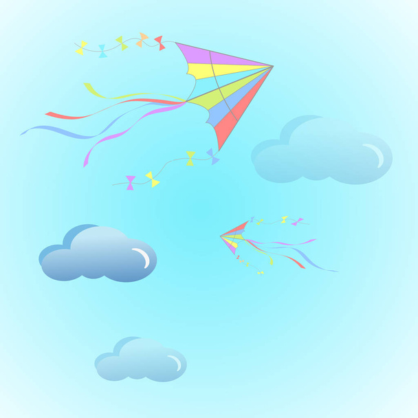 Fly color kites surfing in sky above the cloud isolated on background. Flat cartoon design. Summer, holiday, vacation time. Vector illustration. - Vector, Image