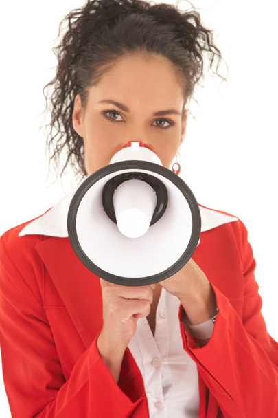 Young adult Caucasian businesswoman speaking through a megaphone - Foto, Bild