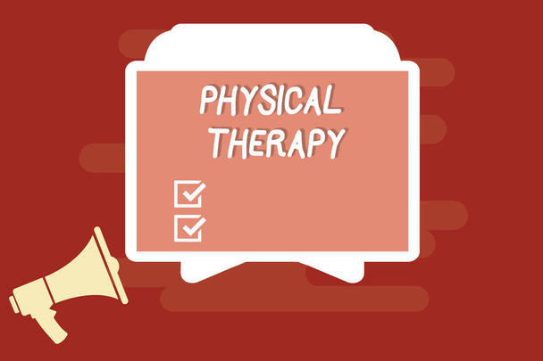 Signo de texto que muestra fisioterapia. Foto conceptual Tratamiento o análisis de la discapacidad física Fisioterapia
 - Foto, imagen