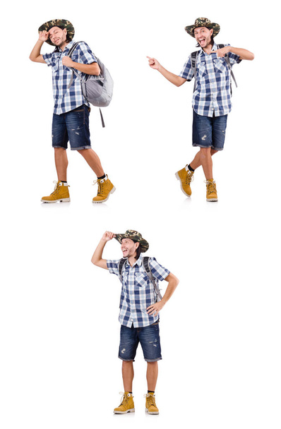 Young traveler with rucksack isolated on white - Фото, изображение