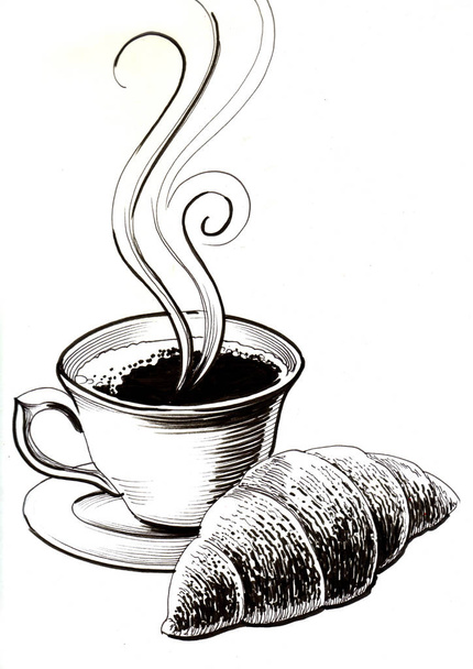 Cup of coffee with croissant. Ink black and white drawing - Foto, immagini