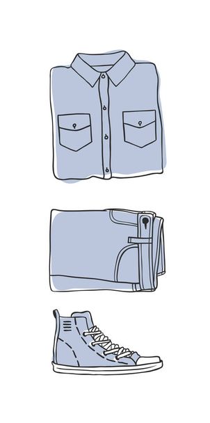Hand drawn set of Jeans Wear. Fashion vector background. Actual illustration  Denim Outfit. Original doodle style drawing. Creative ink art work - Vetor, Imagem