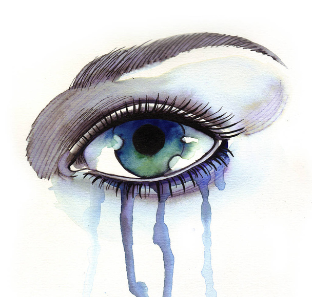 Prachtige huilende oog. Inkt en aquarel illustratie - Foto, afbeelding