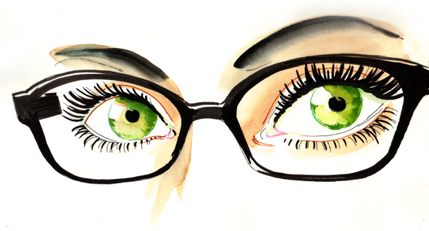 Pretty green eyes in glasses. Ink and watercoloillustraion - Photo, Image