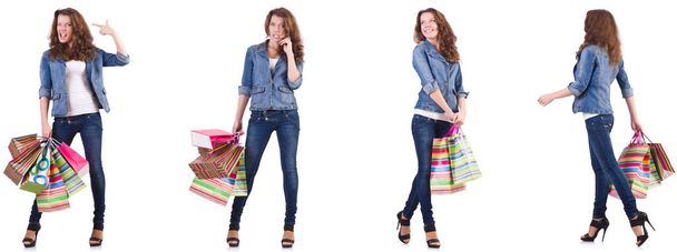 junge Frau mit Einkaufstaschen isoliert auf weiß - Foto, Bild