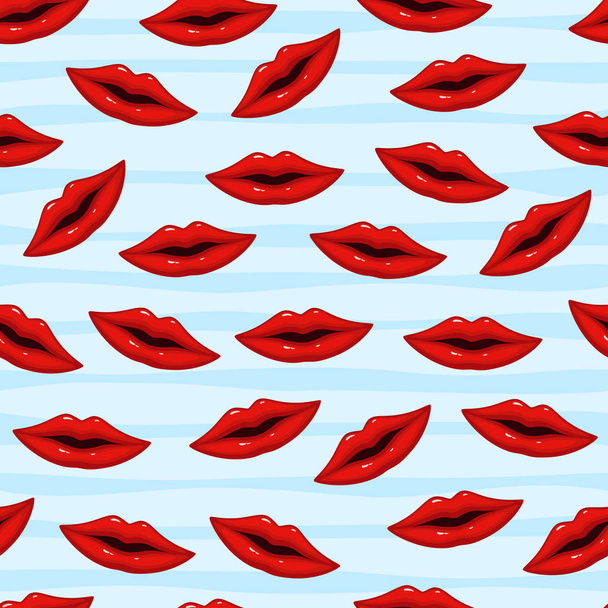 Vector illustration of Seamless pattern red lips on striped background - Vector, Image
