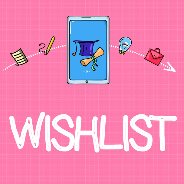 Conceptual hand writing showing Wishlist. Business photo text List of desired but often realistically unobtainable items - Photo, Image