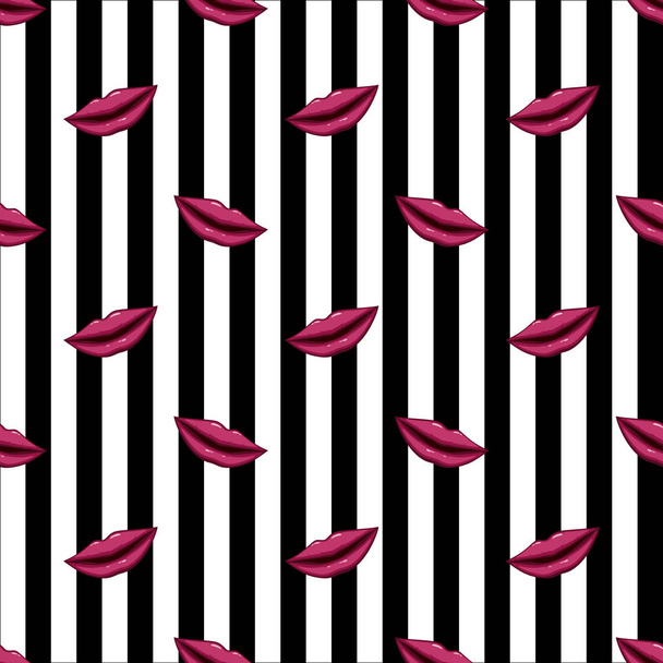Vector illustration of Seamless pattern purple lips on striped background - Vector, Image