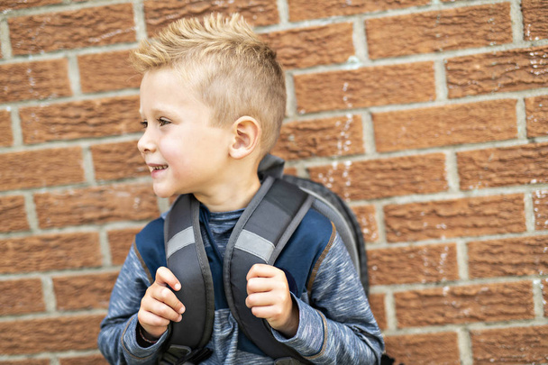 A Back to school. Happy little boy with backpack - Fotó, kép