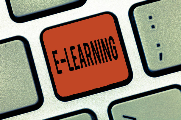 Writing note showing E Learning. Business photo showcasing Lessons conducted via electronic media typically on the Internet. - Photo, Image