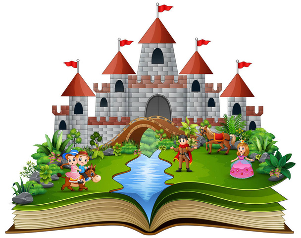 Βιβλίο ιστορίας με κινούμενα σχέδια πριγκίπισσες και τους πρίγκιπες μπροστά από ένα κάστρο - Διάνυσμα, εικόνα