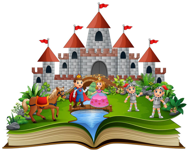 Livro de histórias com princesas e príncipes de desenhos animados em frente a um castelo
 - Vetor, Imagem