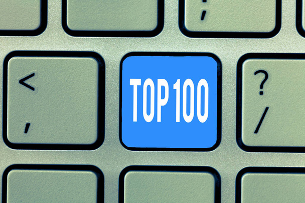 Szó szöveg írása Top 100. Üzleti koncepció, a listát a legjobb termékek szolgáltatások népszerű Bestseller prémium magas aránya - Fotó, kép