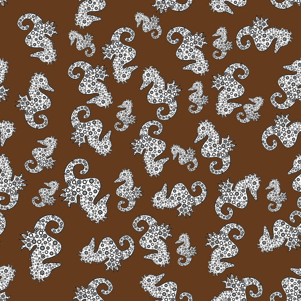 Vector. Abstract seamless pattern for boys, girls, clothes, wallpaper. Hippocampus watercolor illustration on brown, white and black background. Fantasy nice illustration. - Vector, Image