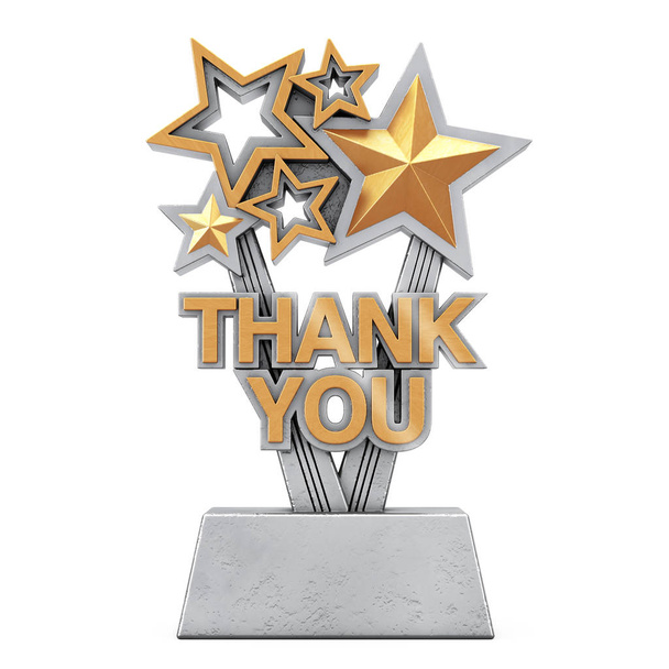 Награда Трофи с золотой табличкой "Спасибо" на белом фоне. 3D-рендеринг
  - Фото, изображение
