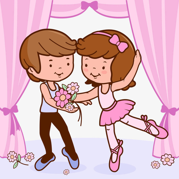 Vector illustration of two cute ballerina dancers, a boy and a girl dancing together on stage. - Vector, imagen