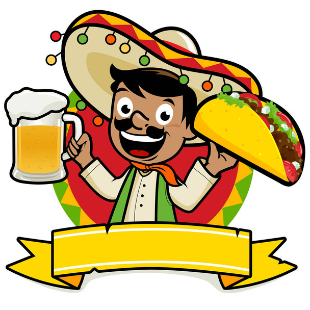 Mexican man holding a cold beer and a taco. - Vektor, kép