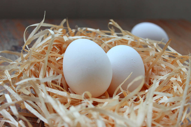 Two white eggs in nest on wooden background - Foto, imagen