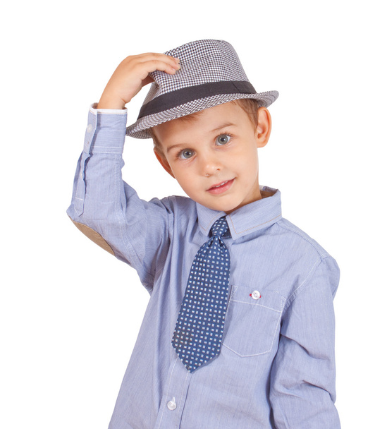 Greeting cool pretty stylish little boy isolated on white background. Clipping paths included. - Φωτογραφία, εικόνα