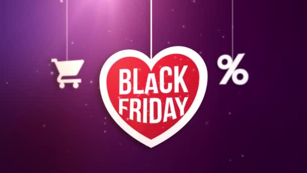 Μαύρη Παρασκευή πινακίδα καρδιά κρέμονται συμβολοσειρά με ψώνια καλάθι και τοις εκατό το εικονίδιο - Πλάνα, βίντεο