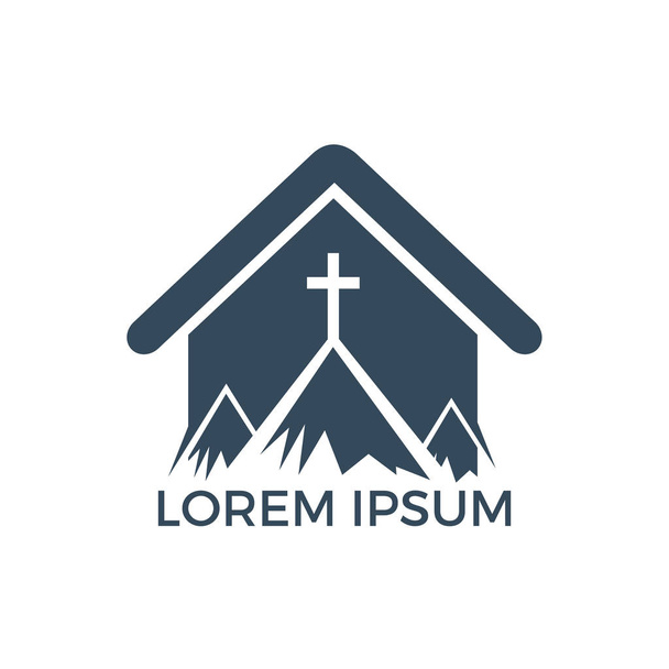 Cruz bautista en diseño de logotipo de montaña. Cruz en la parte superior de la montaña y el logotipo de la forma del hogar
. - Vector, Imagen