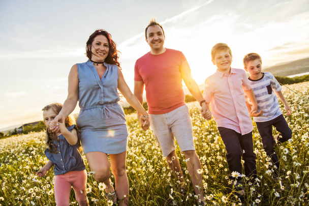 Happy family having fun on daisy field at sunset - Fotografie, Obrázek