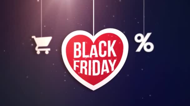 Černý pátek srdce domovního znamení řetězec, nákupní košík a procenta ikonu - Záběry, video