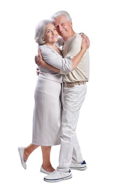 Portrait of happy senior couple posing isolated on white background - Zdjęcie, obraz