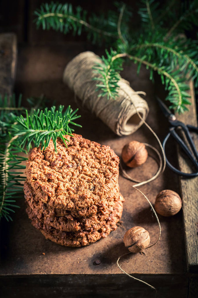 Closeup of chocolate cookies as small Christmas snack - Fotografie, Obrázek