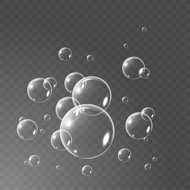 Realistické mýdlové bubliny sada izolovaných na černém pozadí průhledné. vektorové ilustrace - Vektor, obrázek