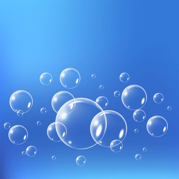 Realistic soap bubbles set isolated on the blue background. vector Illustration - Vektör, Görsel