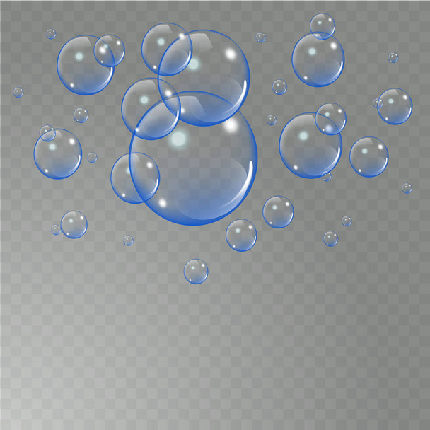 realistische Seifenblasen, die isoliert auf dem hellen transparenten Hintergrund platziert sind. Vektorillustration - Vektor, Bild