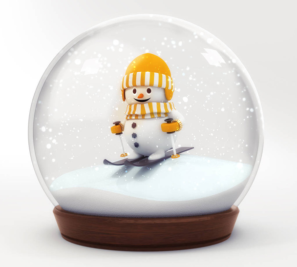 boldog hóember a ski elszigetelt fehér background hógolyó dekoráció, üveg ball téli szezonális karácsonyi dekoráció 3D-s illusztráció render  - Fotó, kép