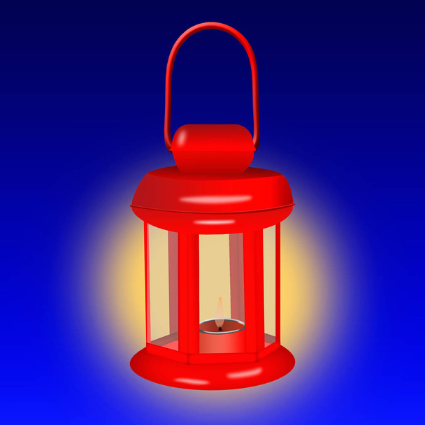 Isolated red Christmas lantern with burning candle. on a blue background - Valokuva, kuva