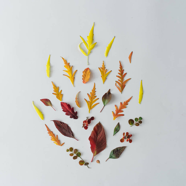 Fuego de campamento hecho de hojas y ramas de otoño sobre fondo de mesa blanco, composición de naturaleza de otoño mínima
  - Foto, imagen