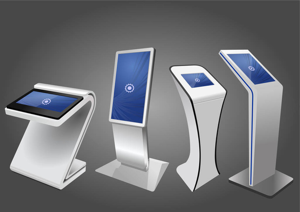 Quattro chiosco informativo interattivo promozionale, display pubblicitario, cavalletto terminale, display touch screen. Modello finto
. - Vettoriali, immagini