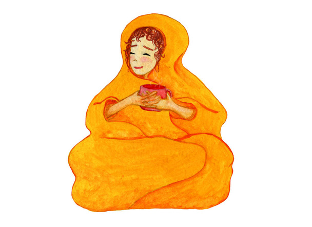 Young girl sitting wrapped in an orange warm blanket. Hold in hand a big mug with a hot drink. Watercolor. Illustration on white background. - Foto, imagen