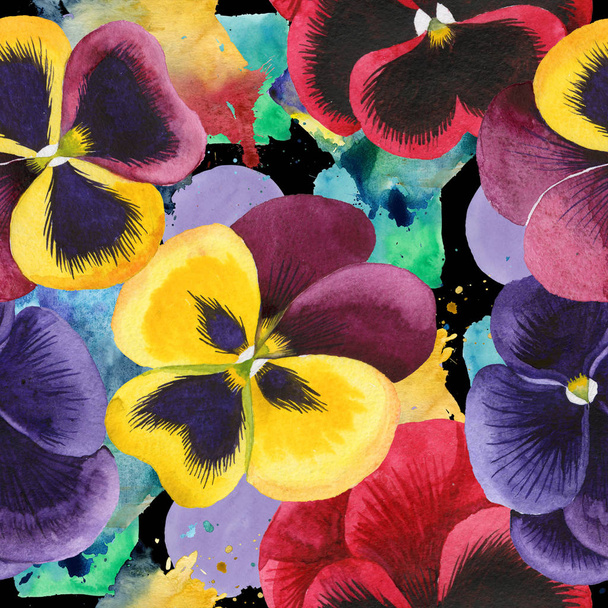 Aquarell bunte Viola Blume. Blütenbotanische Blume. nahtloses Hintergrundmuster. - Foto, Bild
