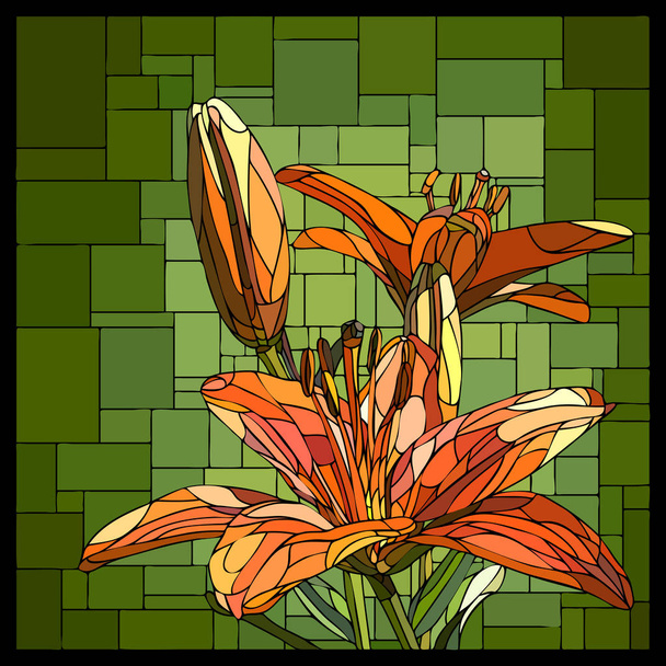 Vector square angular mosaic of blooming orange lilies with buds in green stained-glass window. - Vector, Image
