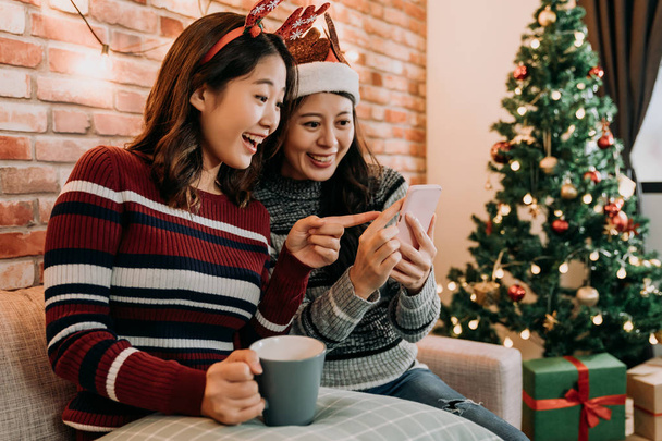 best friends with santa hat and deer are shopping online at home with smartphone. big christmas sale in december. surprised pointing to the amazing price on cellphone. - 写真・画像
