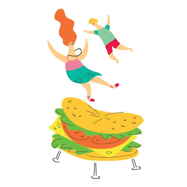 ilustración vectorial con personas y alimentos. la gente saltando en el trampolín hamburguesa. familia relajante
 - Vector, imagen