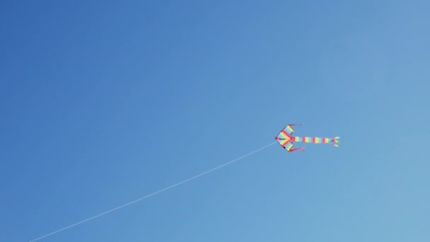 Το kite επιπλέει ψηλά στον καταγάλανο ουρανό - Πλάνα, βίντεο
