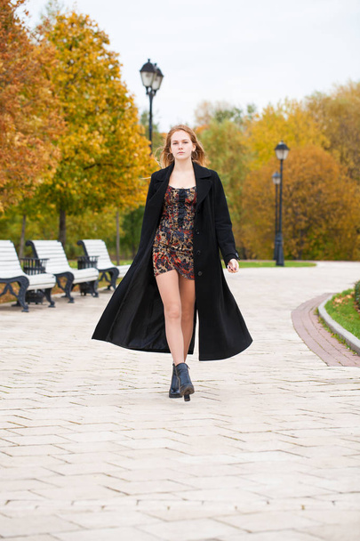 A beautiful blond girl in an autumn park, yellow and orange leaves in a black coat with a full-length  - Фото, зображення