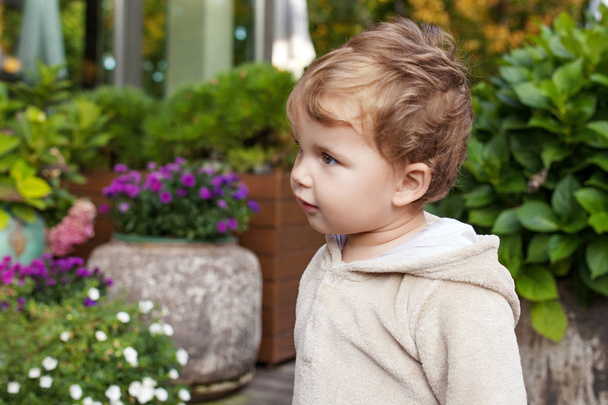 Portrait of cute  little  boy. Happy lovley child in the park. Look aside - Foto, Bild